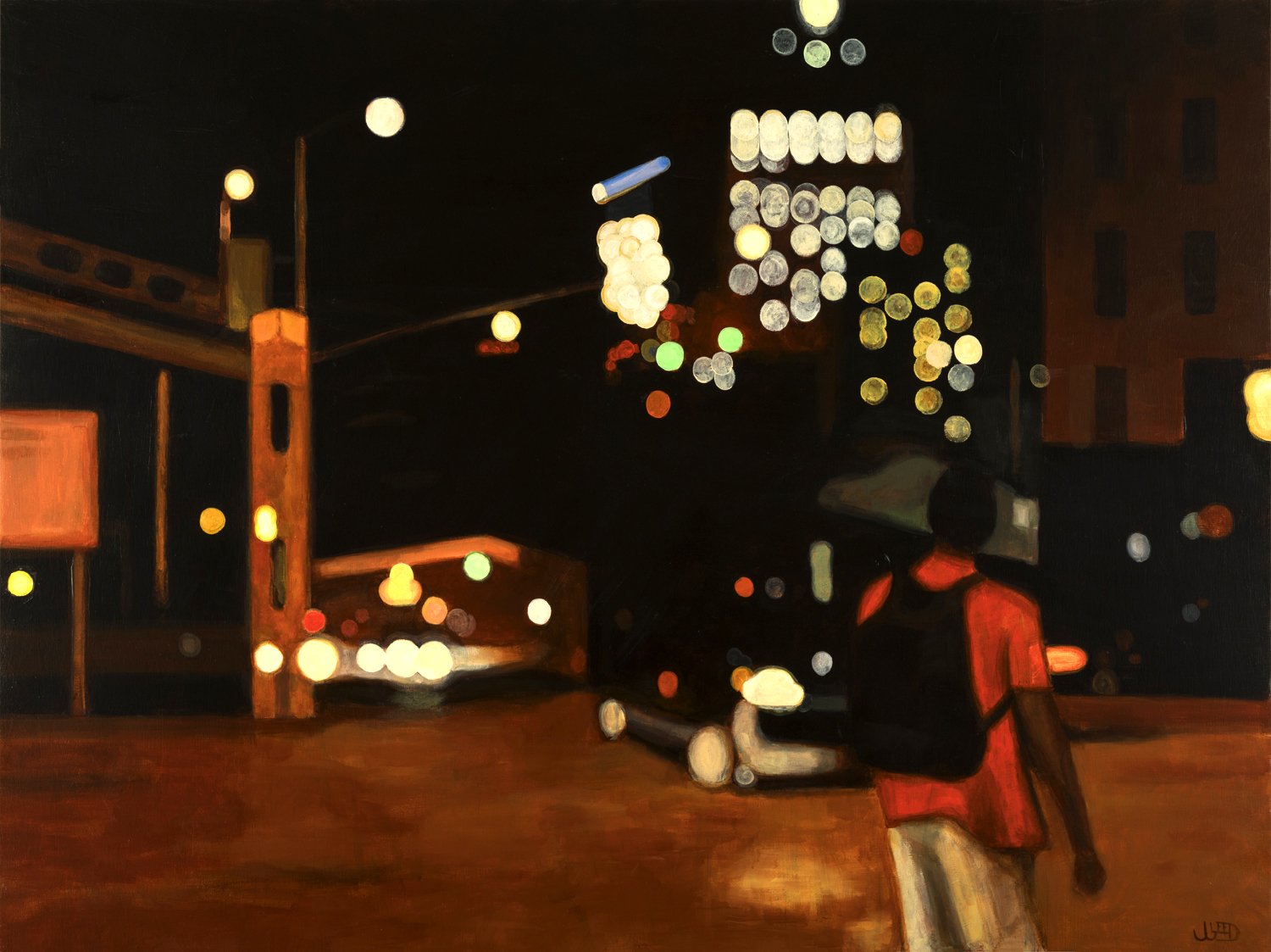 Heading East by Jonathan Gleed, a dark city street with glowing lights and a pedestrian crossing beside a car