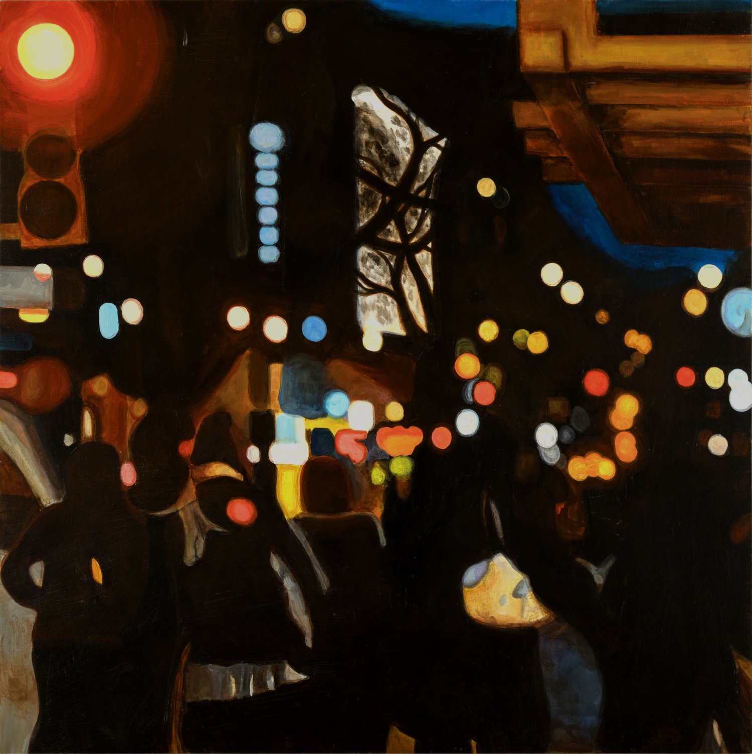 Here They Come by Jonathan Gleed, a crowd moving through a city at night beneath glowing signs and traffic lights