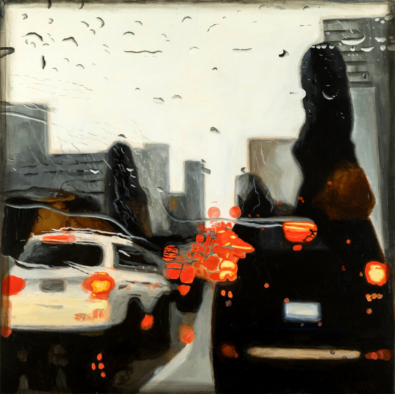 On My Way Out by Jonathan Gleed, rain-blurred traffic with glowing red brake lights between dark city towers