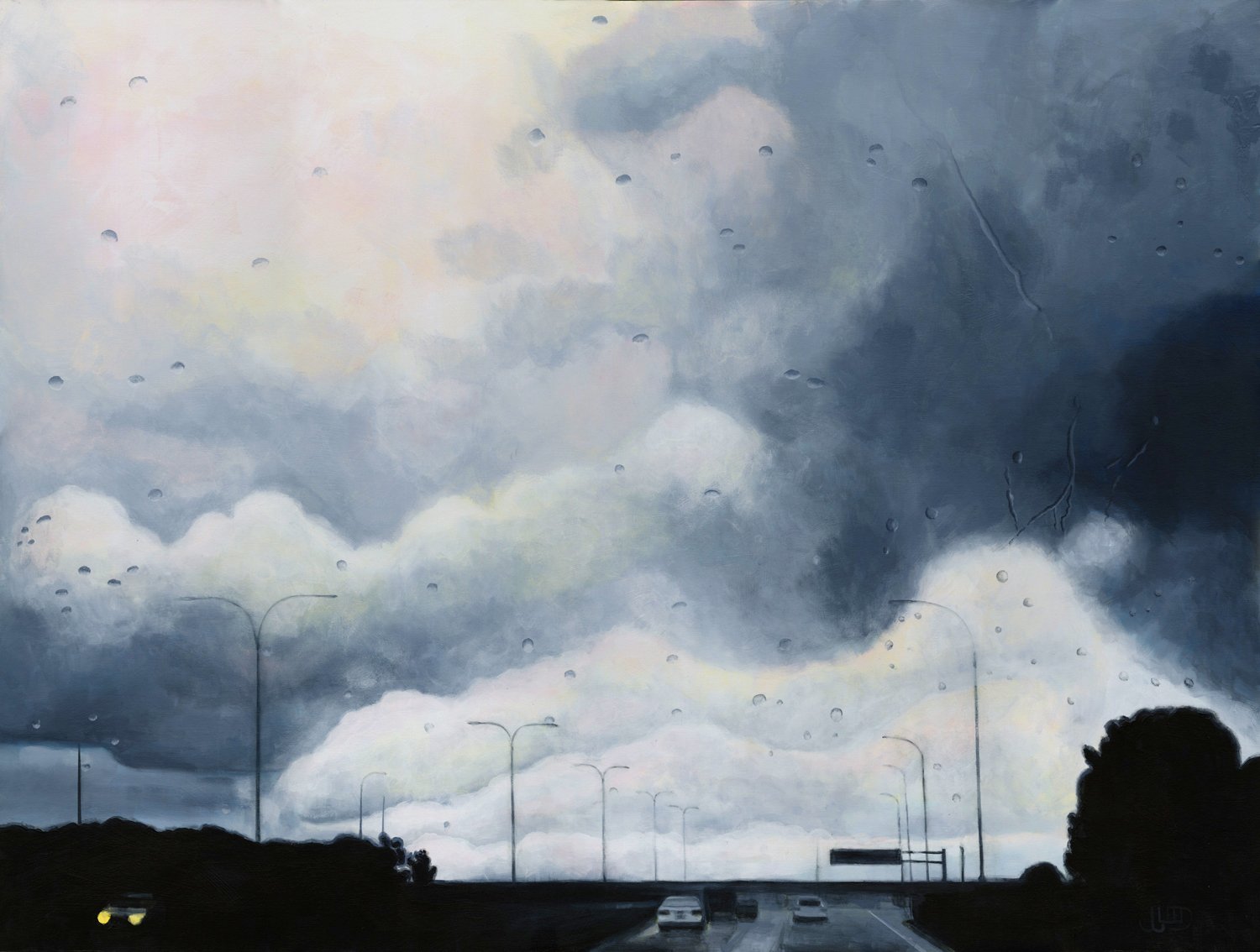 If Only by Jonathan Gleed, a highway beneath towering rain clouds seen through a wet windshield