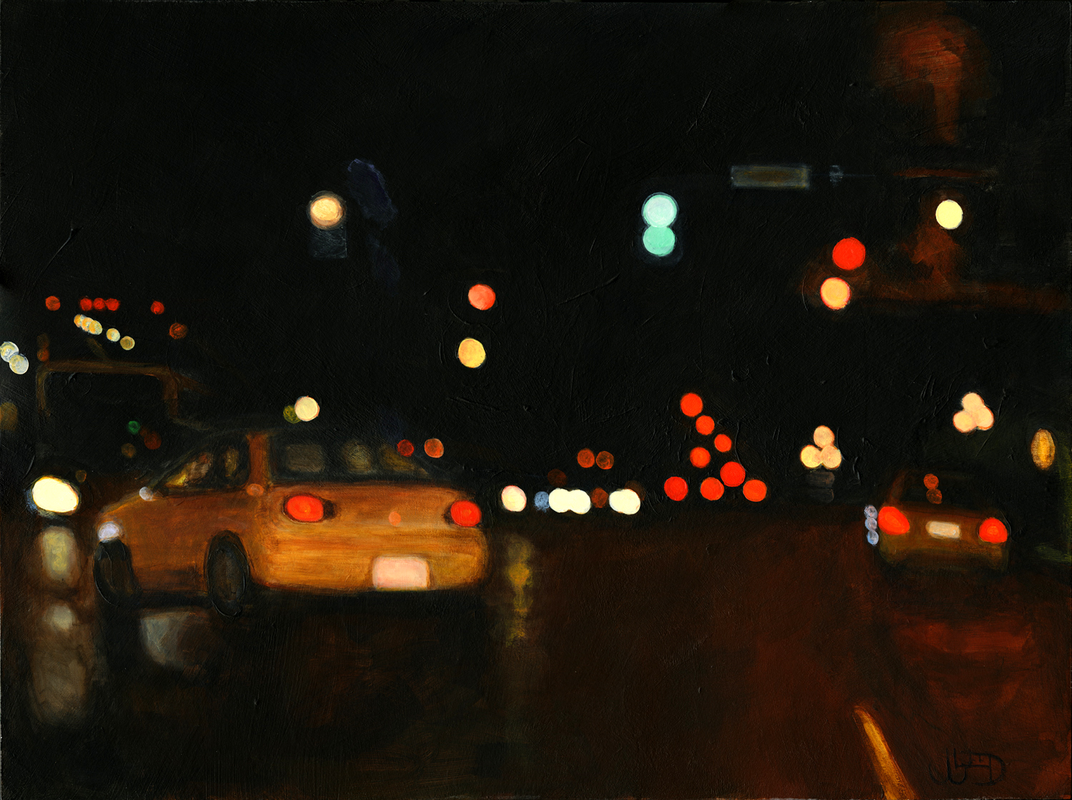 Take Me Some Place by Jonathan Gleed, cars and glowing traffic lights on a dark rain-slicked city street